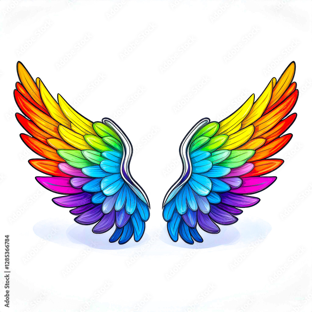 Obraz premium Unity Wings; angel wings with feathers in the colors of various pride flags, symbolizing protection and support