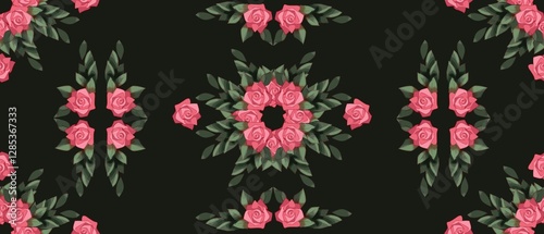 seamless floral pattern with symmetrical pink roses and lush green leaves arranged in a geometric style on a deep dark background fit for fabric prints, wallpapers, gift wrapping, home decor