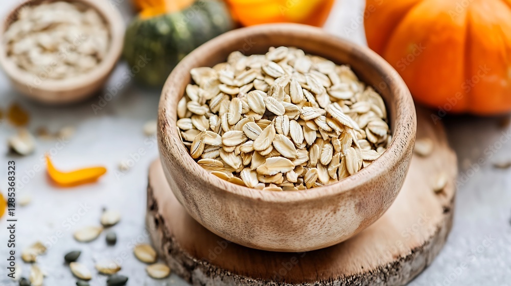 Organic Whole Oats in a Rustic Wooden Bowl Surrounded by Autumn Decor : Generative AI Organic Whole Oats in a Rustic Wooden Bowl Surrounded by Autumn Decor : Generative AI