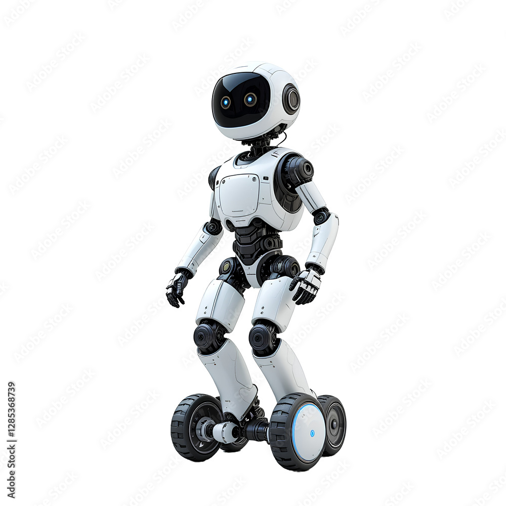 Robot on Wheels: A futuristic robot with sleek design stands proudly on wheels, it's gleaming white body and intricate mechanical details hints at cutting-edge technology and innovation. Robot on Wheels: A futuristic robot with sleek design stands proudly on wheels, it's gleaming white body and intricate mechanical details hints at cutting-edge technology and innovation.