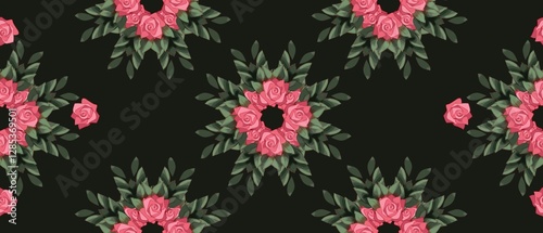 seamless floral pattern with symmetrical pink roses and lush green leaves arranged in a geometric style on a deep dark background fit for fabric print, wallpaper, gift wrapping, home decor