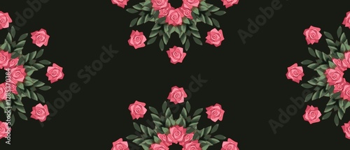 seamless floral pattern with symmetrical pink roses and lush green leaves arranged in a geometric style on a deep dark background fit for fabric prints, wallpaper, gift wrapping, home decor, wall art