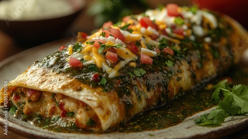 burrito smothered in green chili sauce, topped with shredded cheese and fresh cilantro