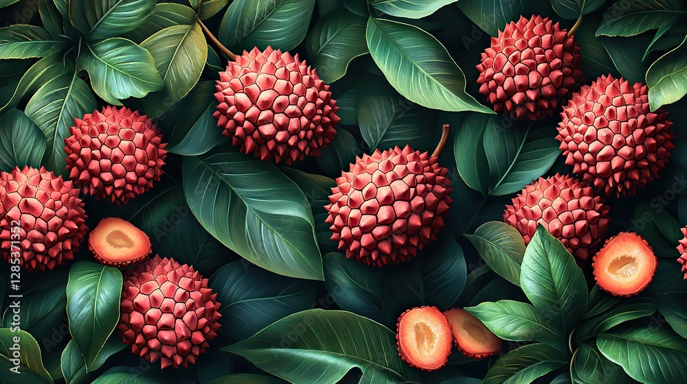 Fototapeta premium A seamless lychee pattern with leaves, a tropical fruit pattern for textile design, wallpaper, and packaging