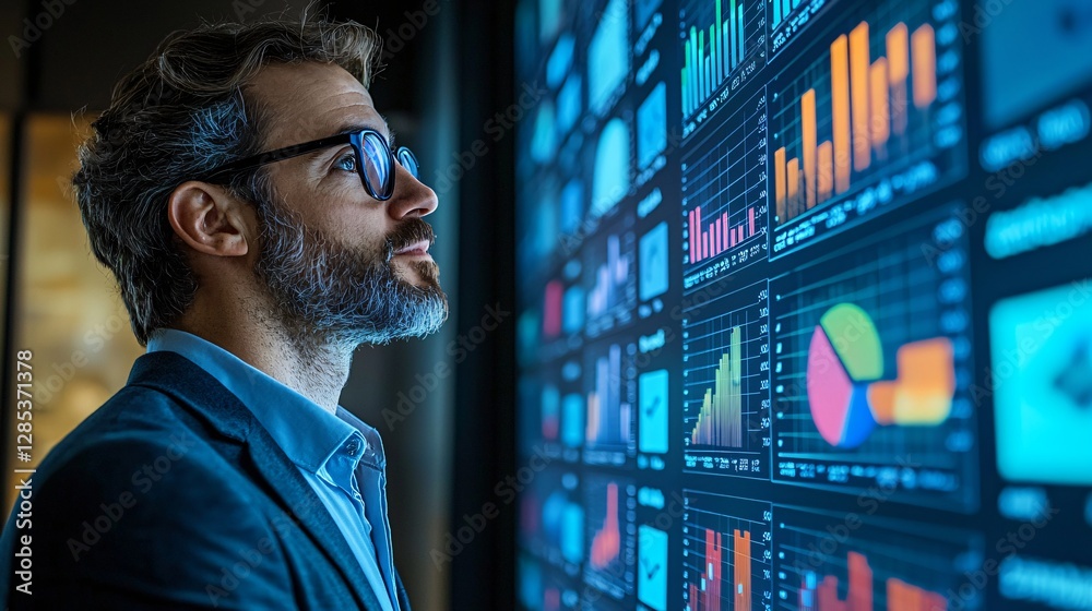 Fototapeta premium Male analyst observing digital graphs and financial data on a large screen with deep focus and concentration