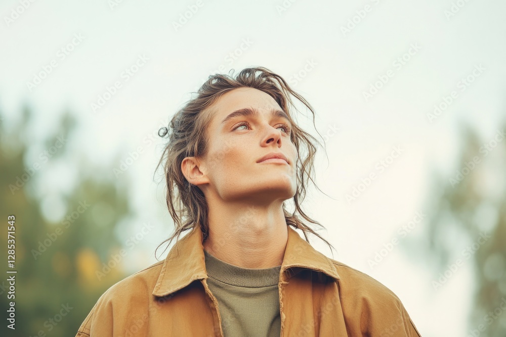 capture goblincore-inspired portrait featuring diverse individual against blurred background