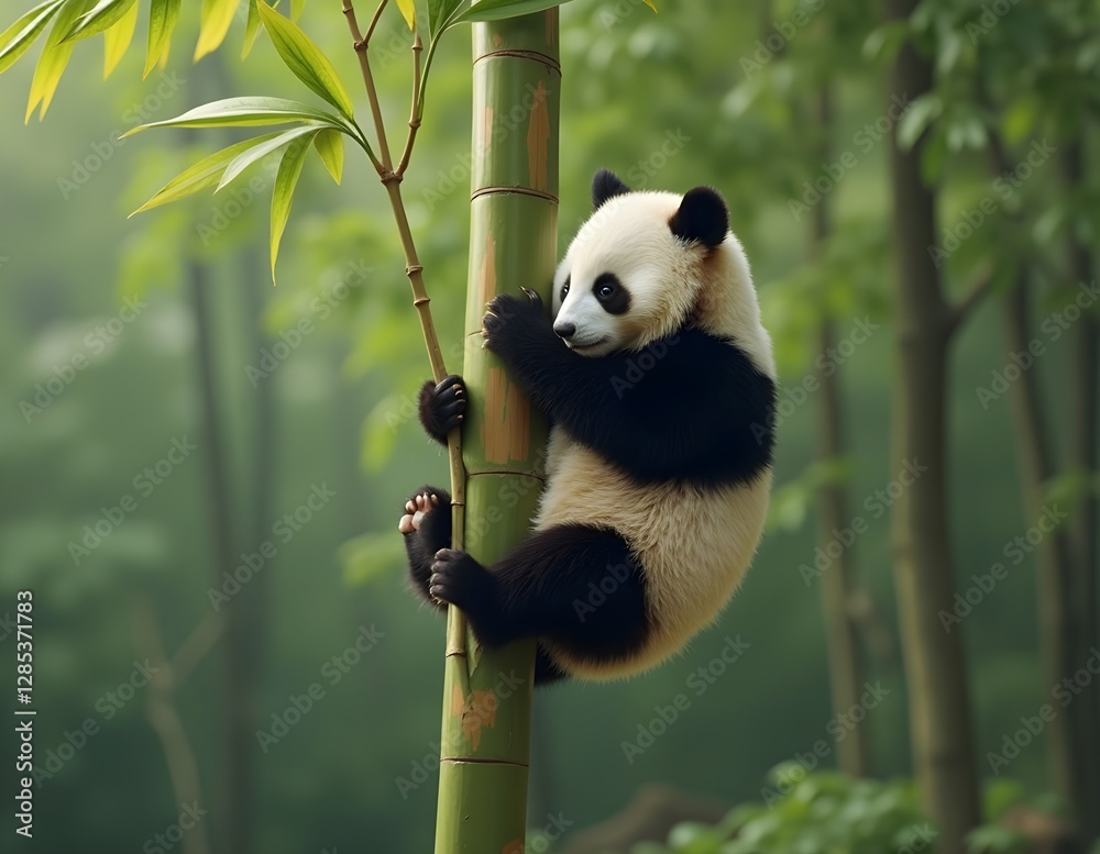Obraz premium A panda bear with contrasting black and white fur sits under a lush bamboo tree, enjoying the fresh leaves, with the sun shining through the gaps in the leaves