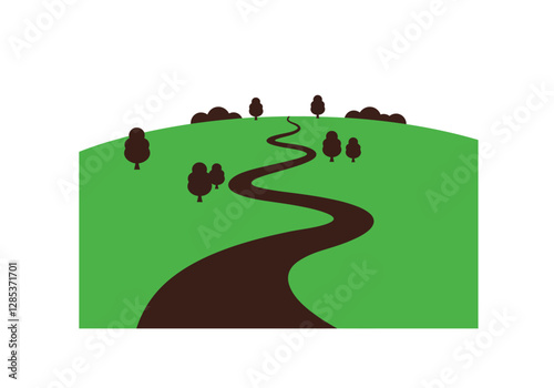 Winding path clip art. A winding path through a green hill with scattered trees. Vector illustration design.