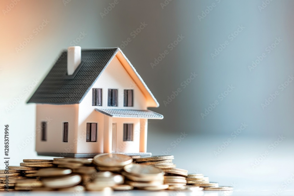 close-up of miniature house model placed on pile of coins symbolizing investment and financial growth close-up of miniature house model placed on pile of coins symbolizing investment and financial growth