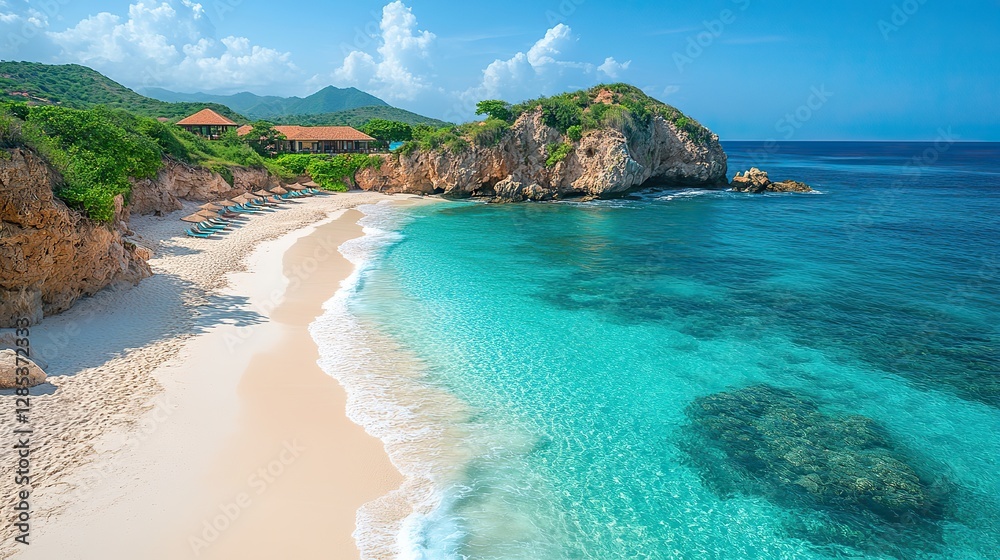 Fototapeta premium A secluded beach paradise with white sand, turquoise water, turquoise lagoon, and lush green cliffs