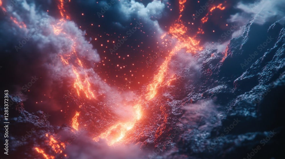 Fototapeta premium Inferno's Embrace: A Volcanic Eruption's Fiery Dance