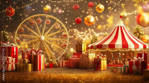 Golden festive scene with gifts, ferris wheel, and circus tent, creating joyful and celebratory atmosphere. Perfect for holiday themes and celebrations