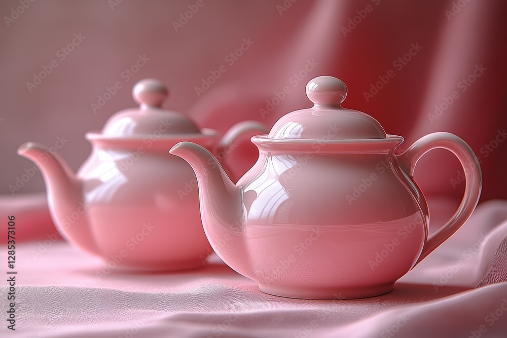 Pink Teapots on Pink Fabric Background