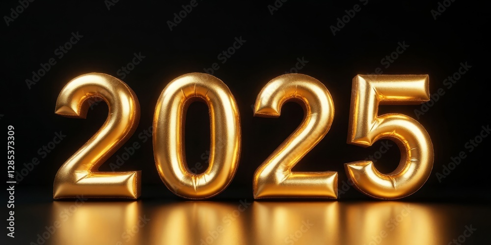 Golden 2025 Balloon Numbers on Black Reflective Surface Golden 2025 Balloon Numbers on Black Reflective Surface