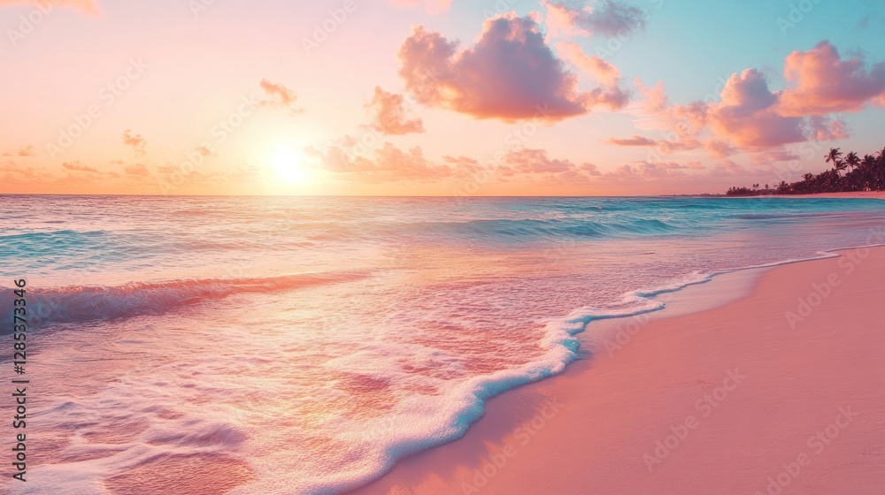 Sunrise Over Serene Beach with Gentle Waves and Vibrant Pink Skies Sunrise Over Serene Beach with Gentle Waves and Vibrant Pink Skies