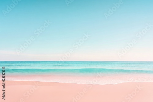 gentle pastel waves roll over sandy beach under azure sky soft muted colors blending seamlessly