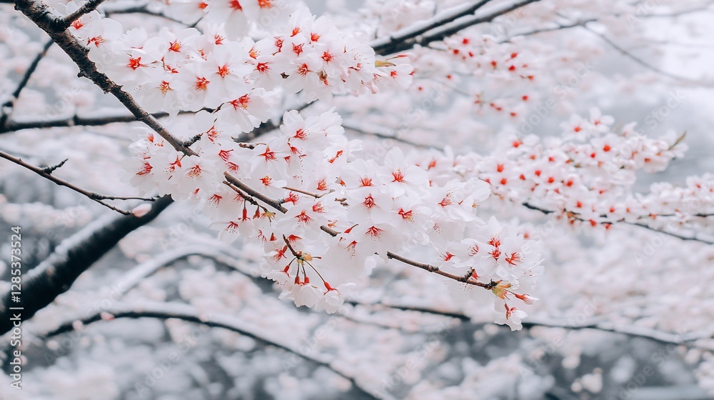 Snowy Cherry Blossoms Blooming in Garden Snowy Cherry Blossoms Blooming in Garden