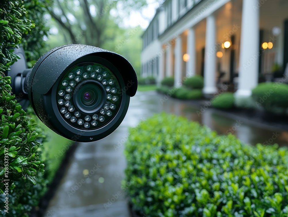 Rainy Day Security Camera on Suburban House