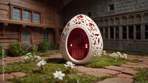A highly detailed, realistic illustration of a bright red Easter egg, cracked open to reveal a miniature, intricately designed house inside, complete with tiny furniture, delicate windows, and a dimin