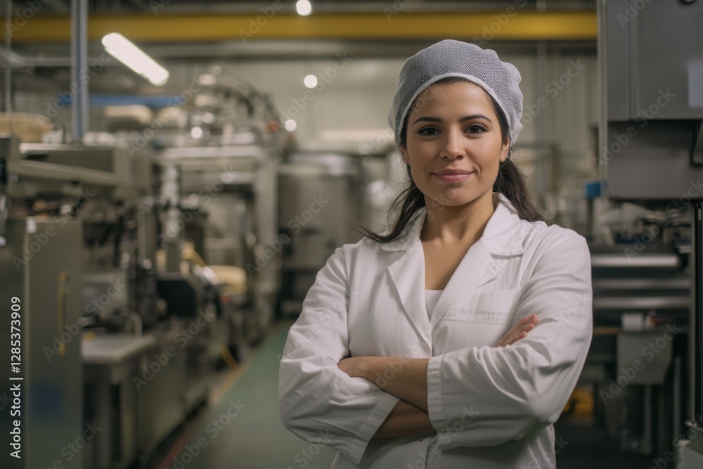 female food factory worker standing in front of the machinery and equipment, wearing a white lab coat with a hairnet female food factory worker standing in front of the machinery and equipment, wearing a white lab coat with a hairnet