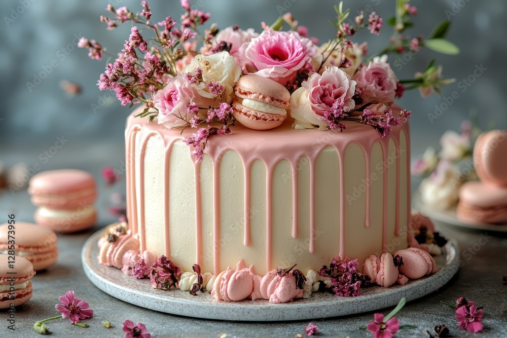 Pink Drip Cake with Macarons and Flowers