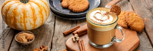 Pumpkin spice latte in a glass mug with cinnamon, nutmeg and cookies
