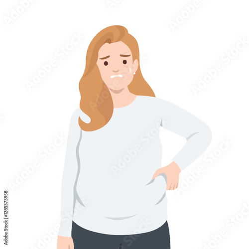 Concerned Fat Woman with Body Image Issues looking distressed as she pinches her stomach. Flat vector illustration isolated on white background