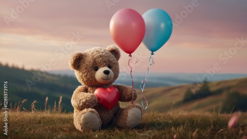A cute, 2D cartoon-style teddy bear sitting alone, holding a heart-shaped balloon. The teddy has big, sad eyes, a slight frown, and soft, fluffy fur with a hand-drawn look. The balloon appears slightl