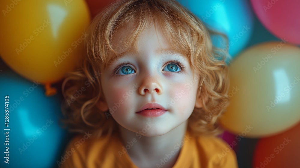 Cute Toddler with Blue Eyes Among Colorful Balloons