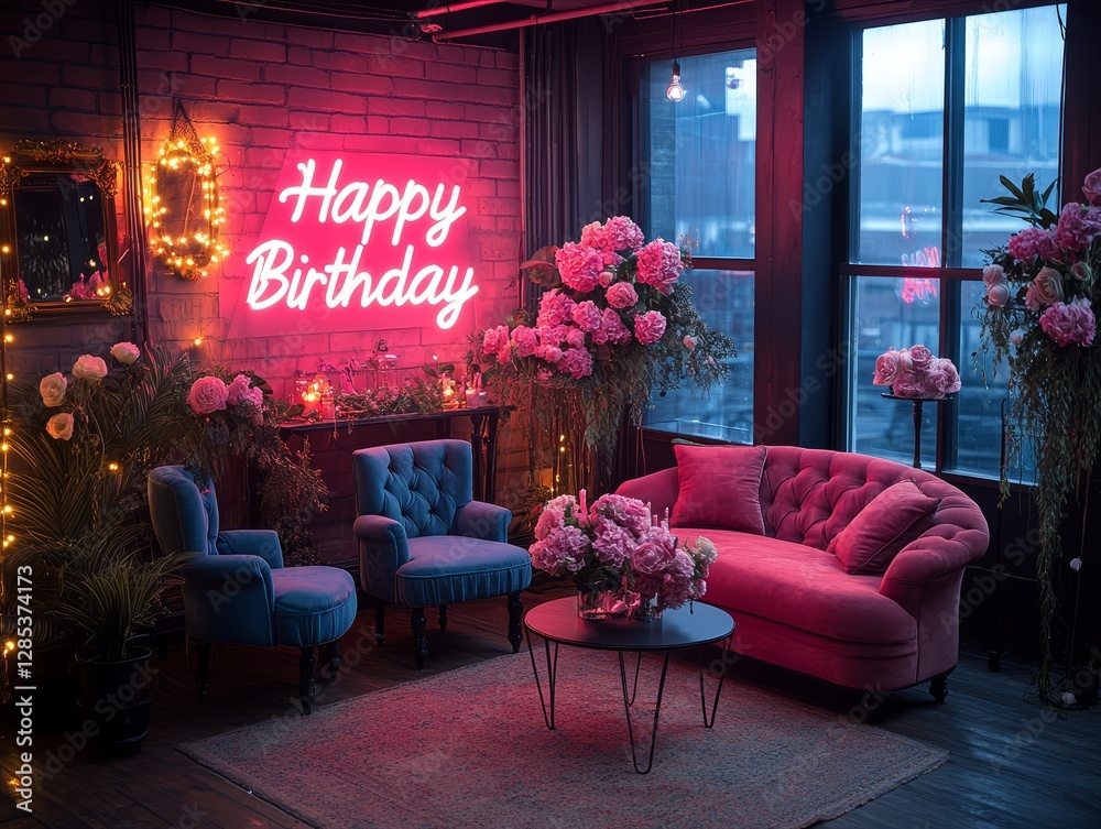 Pink Velvet Sofa Birthday Party Decor Neon Sign