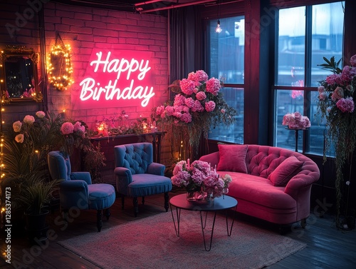 Obraz na płótnie Pink Velvet Sofa Birthday Party Decor Neon Sign w salonie
