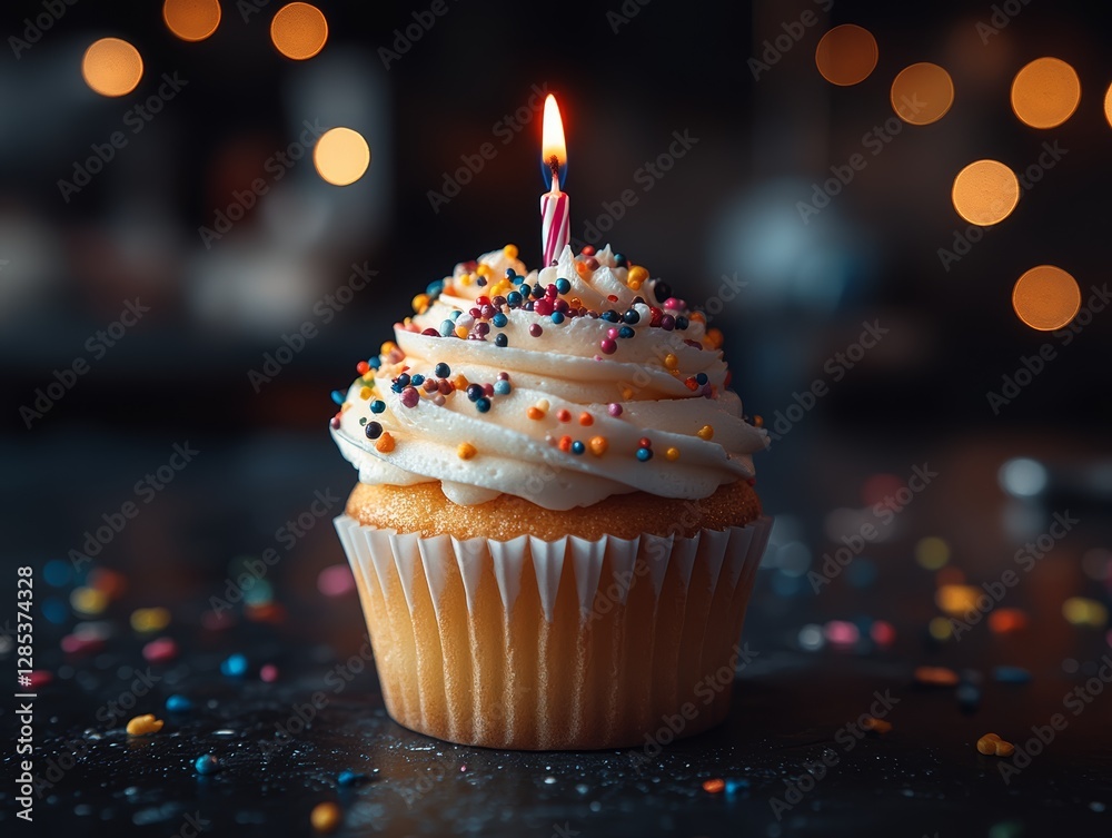 Birthday Cupcake with Candle Sprinkles Bokeh Lights