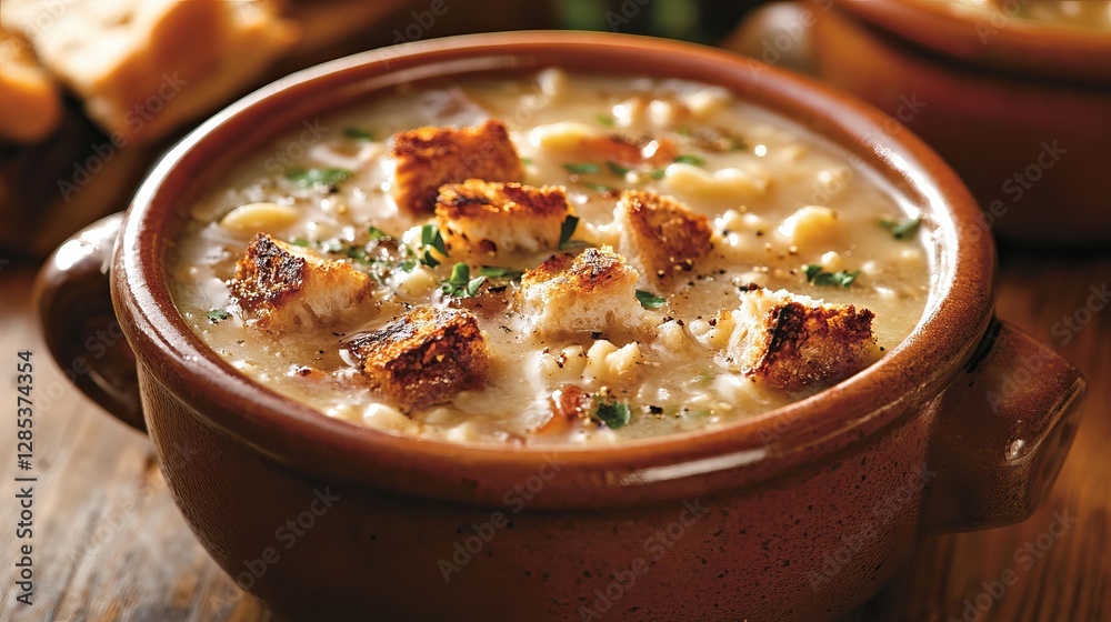 Hearty white bean and barley soup with toasted croutons Hearty white bean and barley soup with toasted croutons