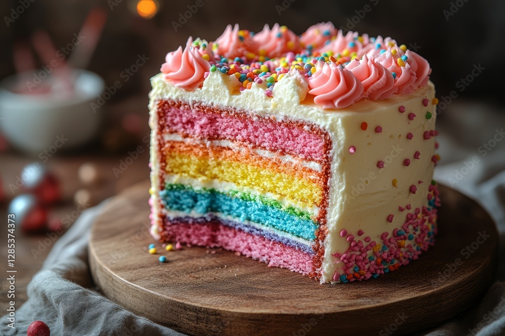 Rainbow Layer Cake Slice with Pink Frosting and Sprinkles