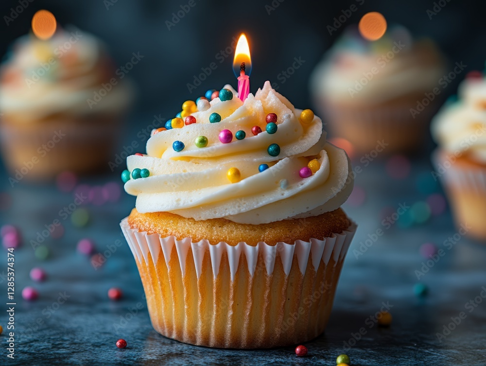 Birthday Cupcake with Candle and Sprinkles