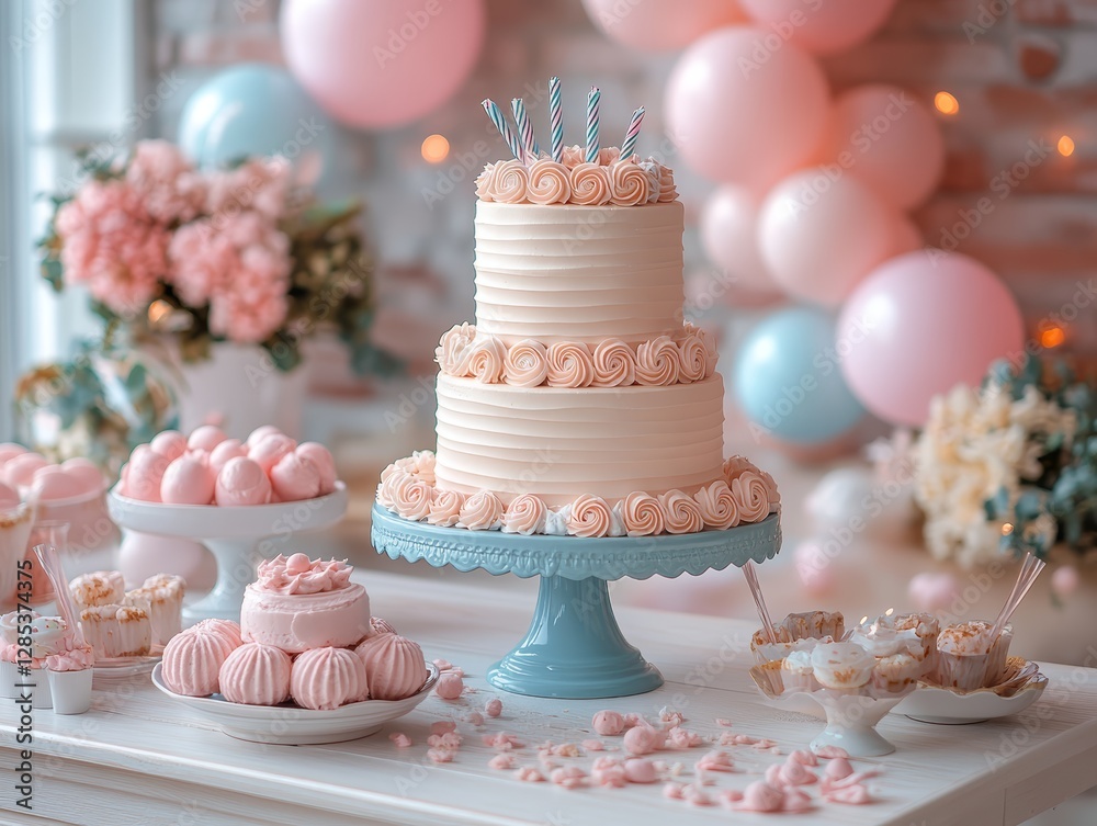 Pink Two Tiered Birthday Cake with Cupcakes and Macarons