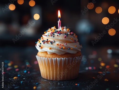 Obraz na płótnie Birthday Cupcake with Candle Sprinkles Bokeh Lights w salonie