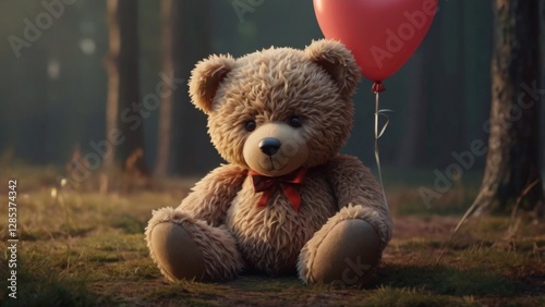 A cute, 2D cartoon-style teddy bear sitting alone, holding a heart-shaped balloon. The teddy has big, sad eyes, a slight frown, and soft, fluffy fur with a hand-drawn look. The balloon appears slightl