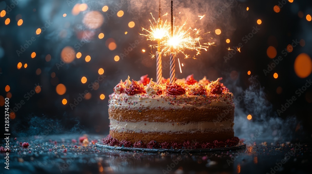 Delicious Birthday Cake with Sparklers and Festive Lights