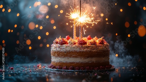 Obraz na płótnie Delicious Birthday Cake with Sparklers and Festive Lights w salonie