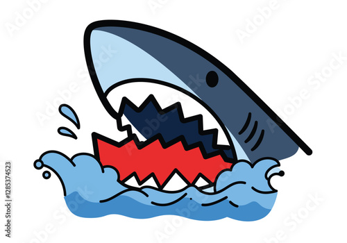 Shark bite clip art. A shark with an open mouth showing jagged teeth emerging from the water. Vector illustration design.