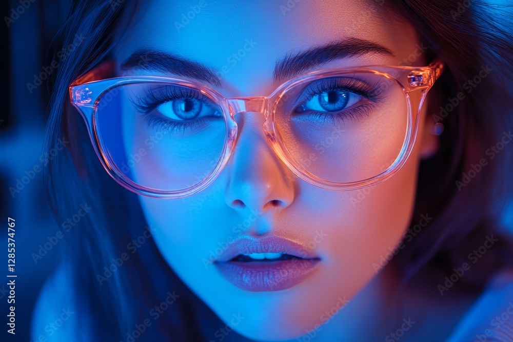 Woman s Face Closeup Neon Light Glasses Portrait