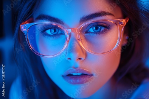 Obraz na płótnie Woman s Face Closeup Neon Light Glasses Portrait w salonie