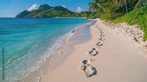 A serene beach scene featuring footprints in the sand illustrating a journey along the shoreline a vibrant blue ocean and lush palm trees enhance the tranquil atmosphere