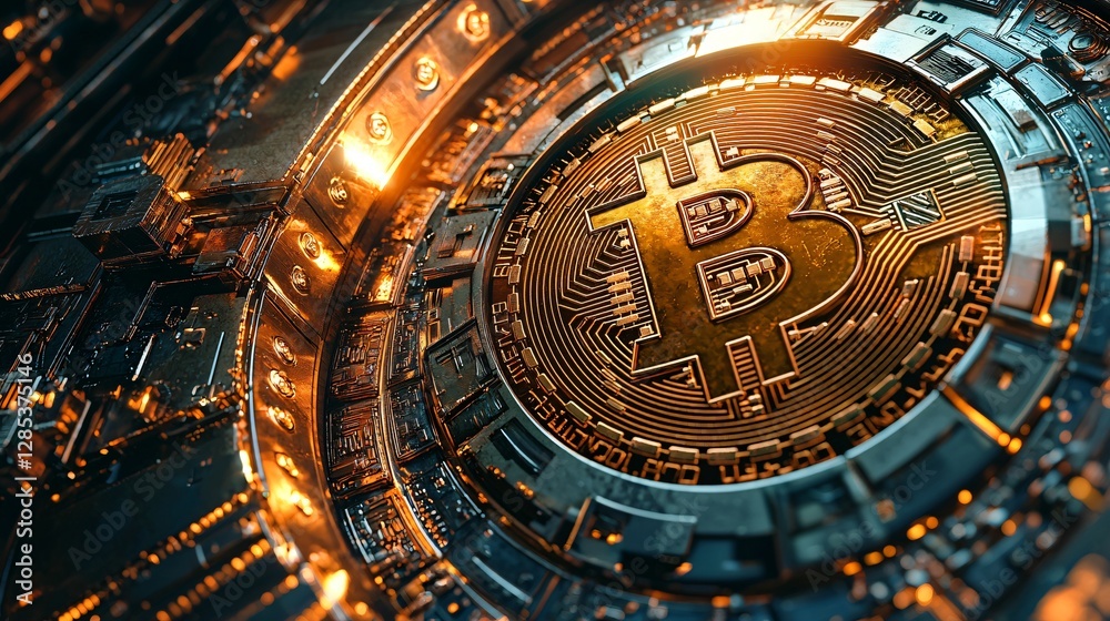 Golden Bitcoin Surrounded by Futuristic Circuitry in a Digital Crypto World Concept Image Golden Bitcoin Surrounded by Futuristic Circuitry in a Digital Crypto World Concept Image