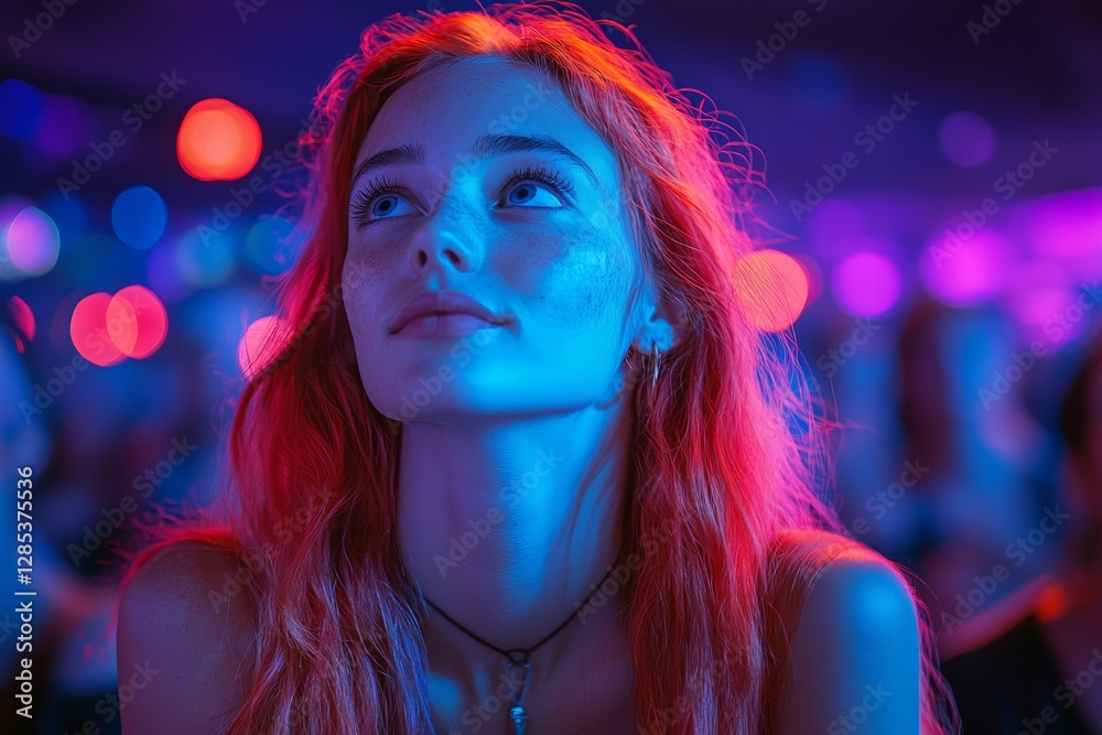 Woman Red Hair Neon Lights Concert Bokeh