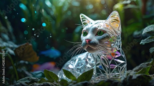A luminous, transparent glass cat, showcasing an intricate internal ecosystem, featuring miniature colorful fishes  from within, blurring the line between surreal nature and organic growth, set agains