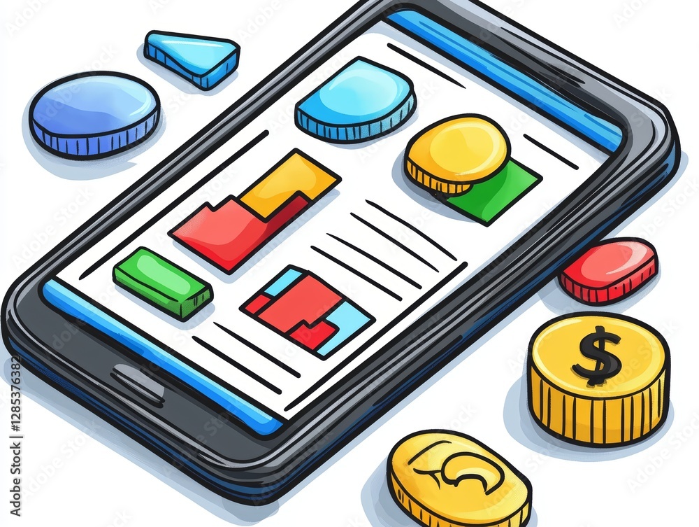 Mobile Banking App Interface with Financial Charts and Coins