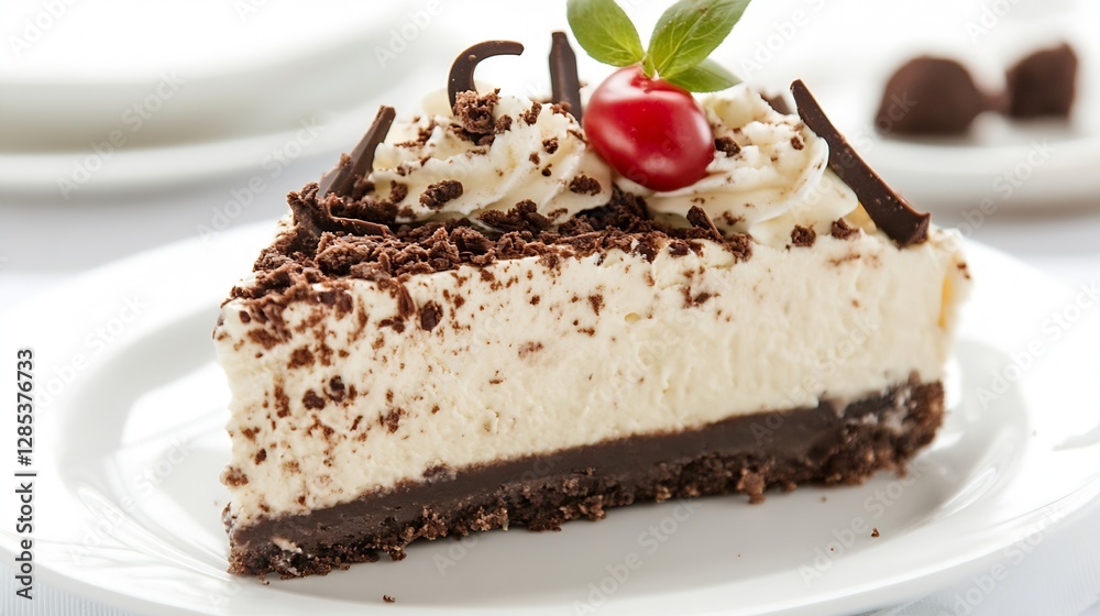 Decadent Chocolate and Cream Slice of Cake with Cherry Garnish on Plate : Generative AI Decadent Chocolate and Cream Slice of Cake with Cherry Garnish on Plate : Generative AI
