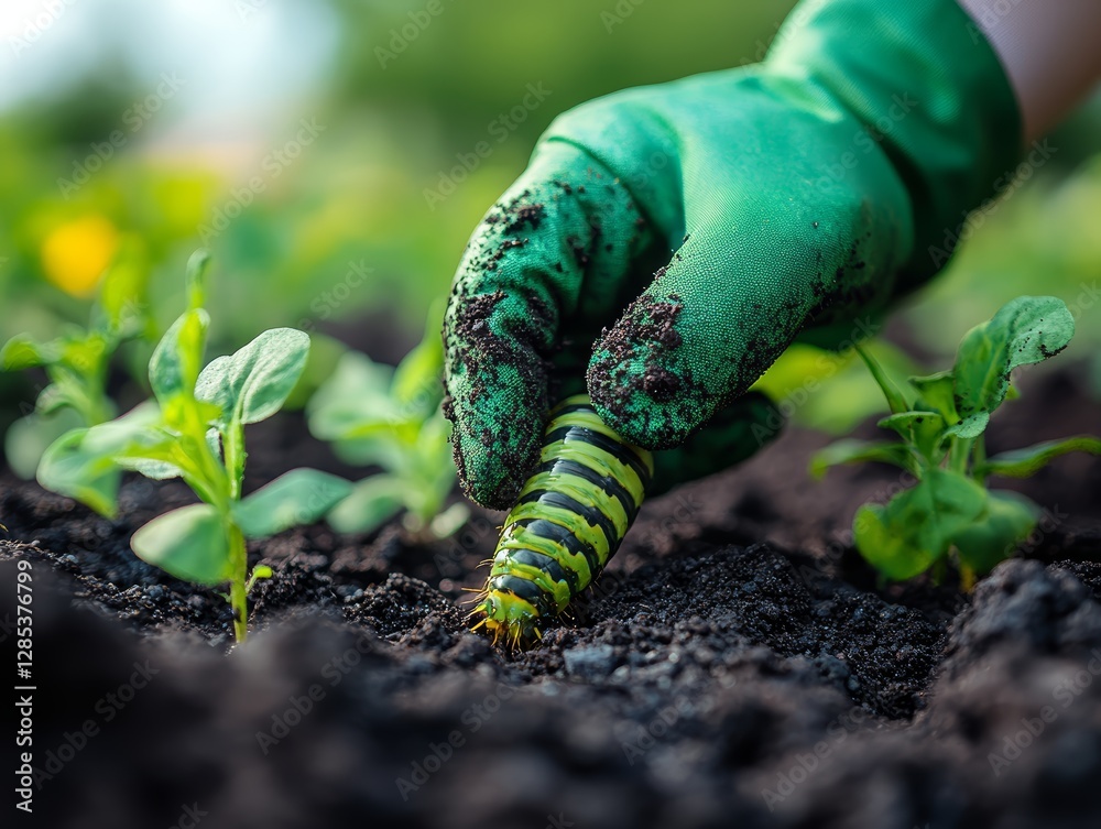 Gardener s Hand Gently Holding a Caterpillar in the Garden